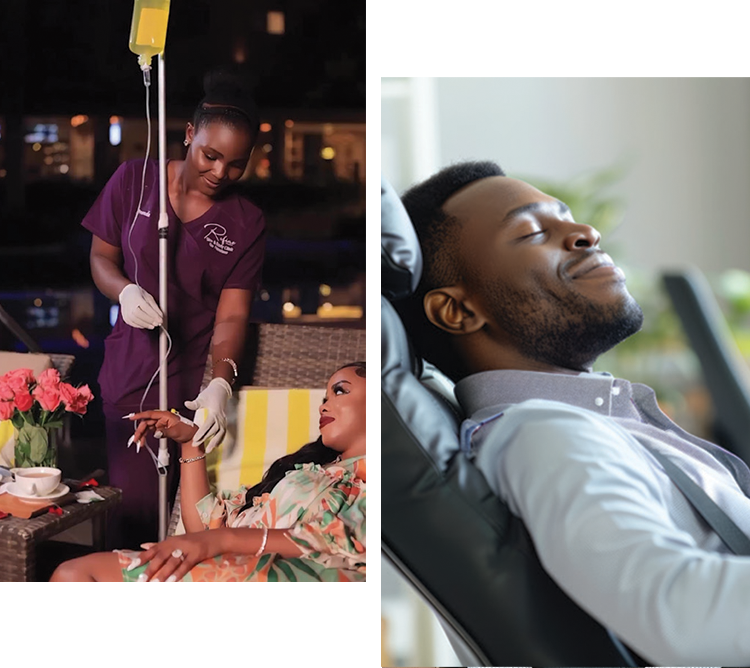 A woman is lying on a medical bed receiving an IV drip Refine Skin & Body Clinic, as part of her IV Therapy treatments in Kampala.